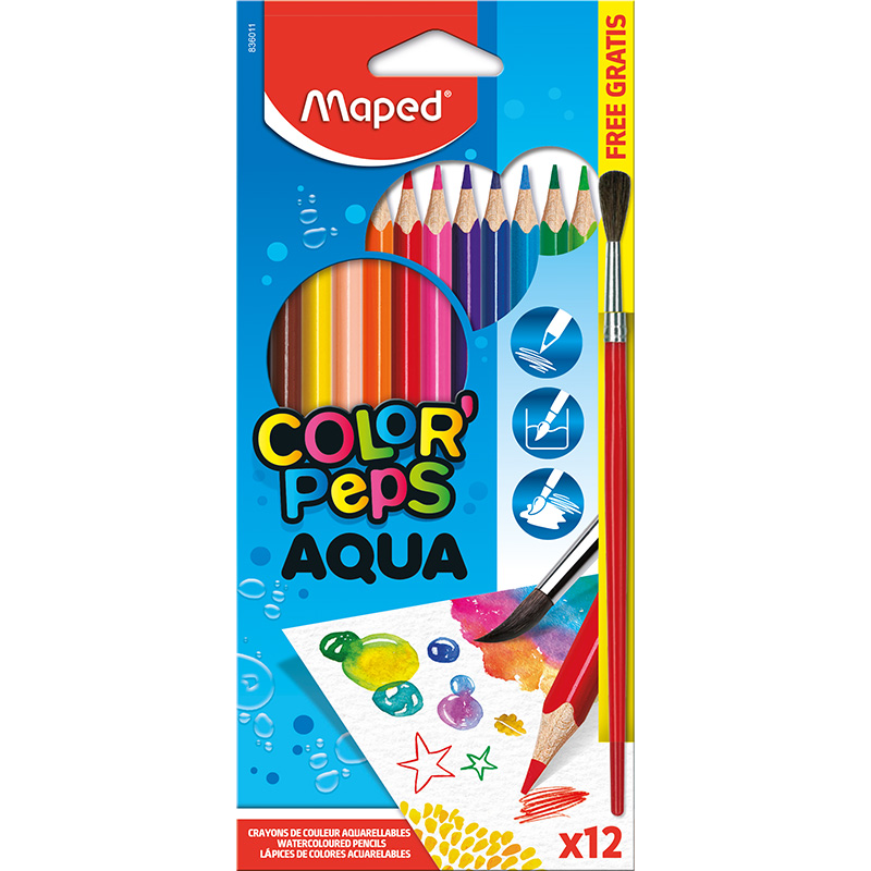 MAPED WATER COLOR PENCILS COLOR'PEPS X12+PAINTBRUSH FREE CARD BOX REF 836011
